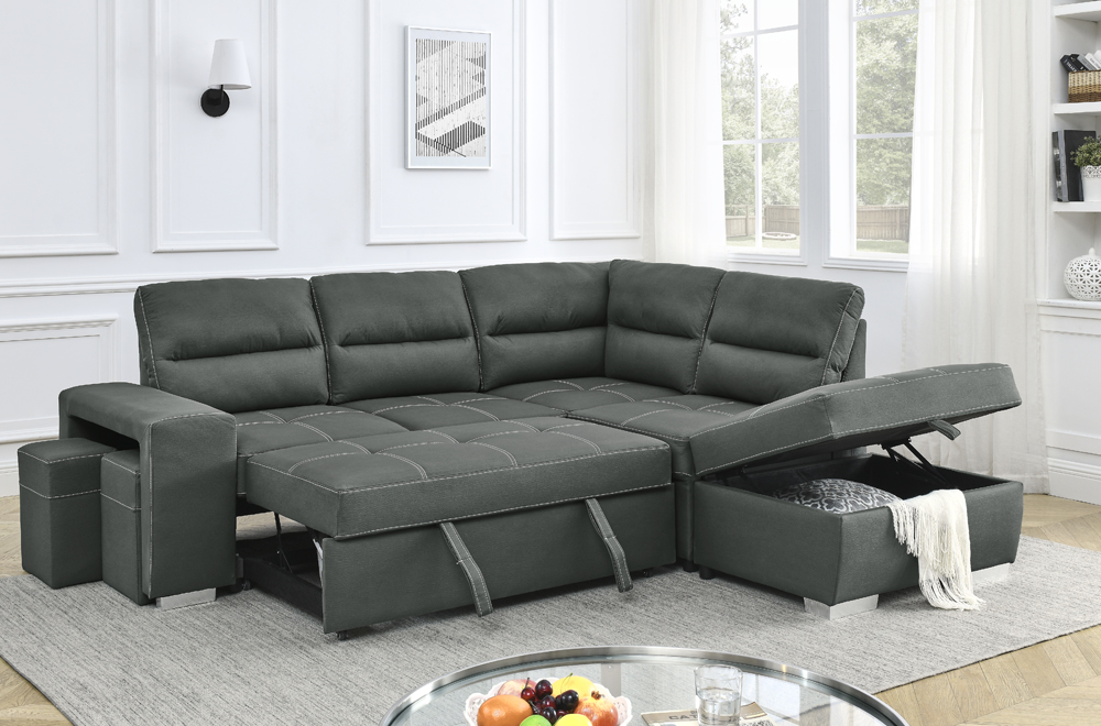 Sectional Sofa Bed Grey Air Suede Fabric