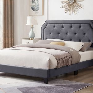 Button Tufted Grey Headboard Platform Bed