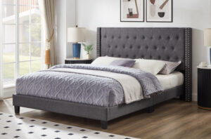Platform Bed Button Tufted Grey Linen
